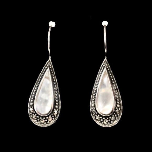 Sterling Silver 925 Marcasite Outlined Mother of Pearl Drop Earrings - Picture 13 of 13